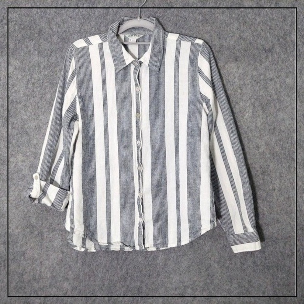 Orvis Women Linen Shirt S Blue White Striped Coastal Roll Tab Long Sleeve